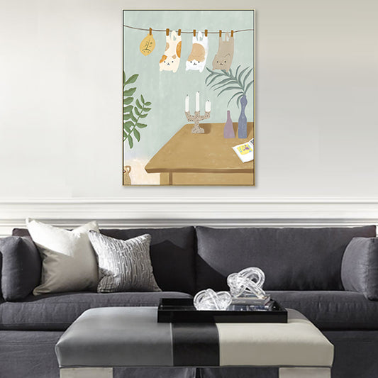 Suspended Cats Wall Art Kids Style Cute Animal Canvas Print in Light Blue for Bedroom Clearhalo 'Art Gallery' 'Canvas Art' 'Kids' Arts' 1707372