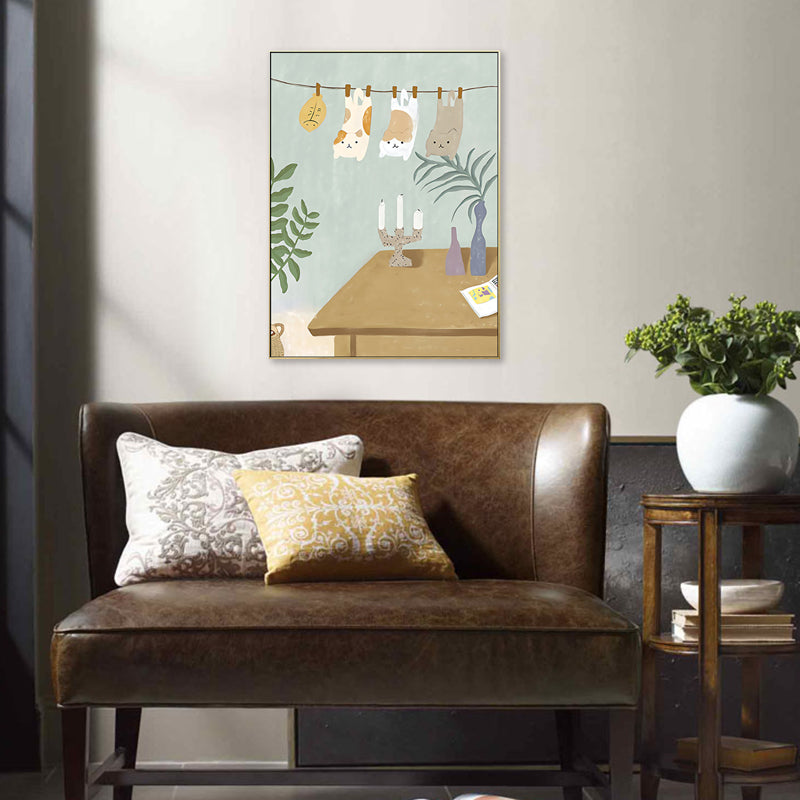 Suspended Cats Wall Art Kids Style Cute Animal Canvas Print in Light Blue for Bedroom Clearhalo 'Art Gallery' 'Canvas Art' 'Kids' Arts' 1707373