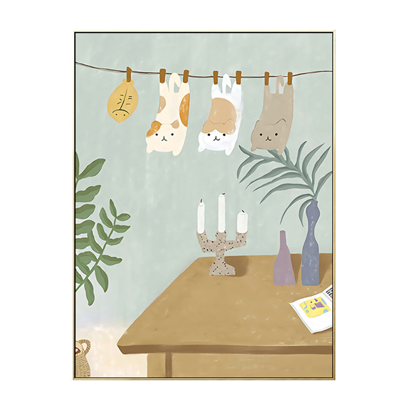 Suspended Cats Wall Art Kids Style Cute Animal Canvas Print in Light Blue for Bedroom Clearhalo 'Art Gallery' 'Canvas Art' 'Kids' Arts' 1707374