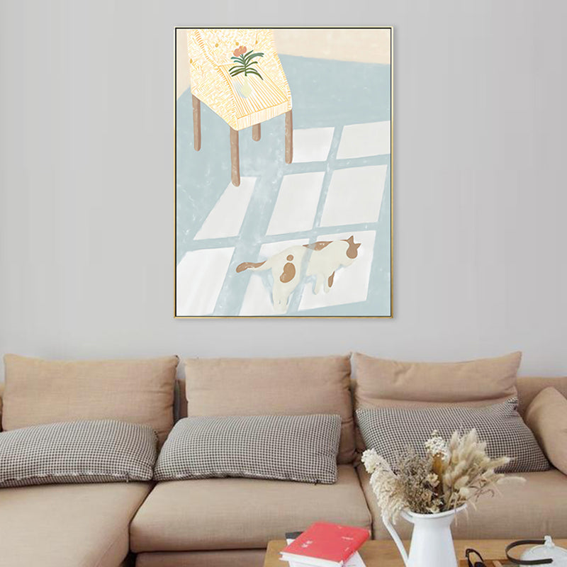 Cat with Floor Sunlight Art Print Cartoon Canvas Wall Decor in Light Blue for Room Clearhalo 'Art Gallery' 'Canvas Art' 'Kids' Arts' 1707379