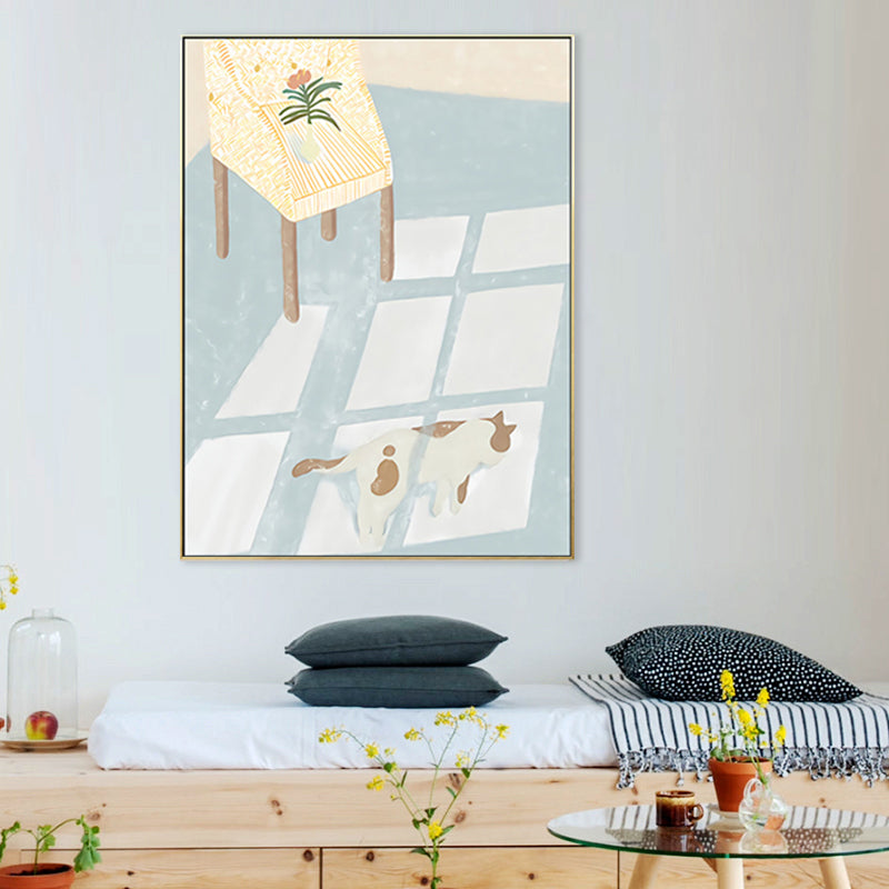 Cat with Floor Sunlight Art Print Cartoon Canvas Wall Decor in Light Blue for Room Clearhalo 'Art Gallery' 'Canvas Art' 'Kids' Arts' 1707380