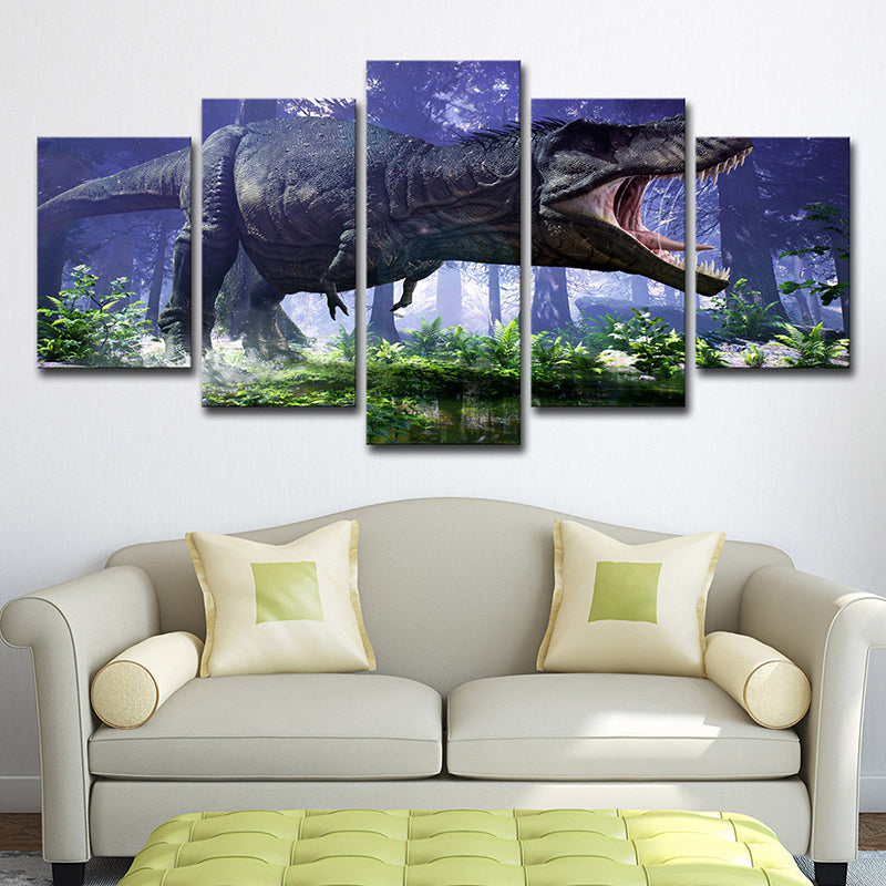 Jurassic Park Dinosaur Canvas Print Kids Style Multi-Piece Wall Art Decor in Blue Blue Clearhalo 'Art Gallery' 'Canvas Art' 'Kids' Arts' 1707410