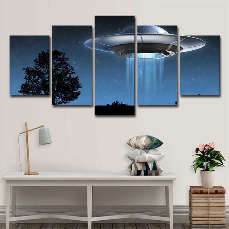 Science Fiction UFO Wall Art Boys Bedroom Canvas Print in Dark Blue, Multi-Piece Dark Blue Clearhalo 'Art Gallery' 'Canvas Art' 'Kids' Arts' 1707437