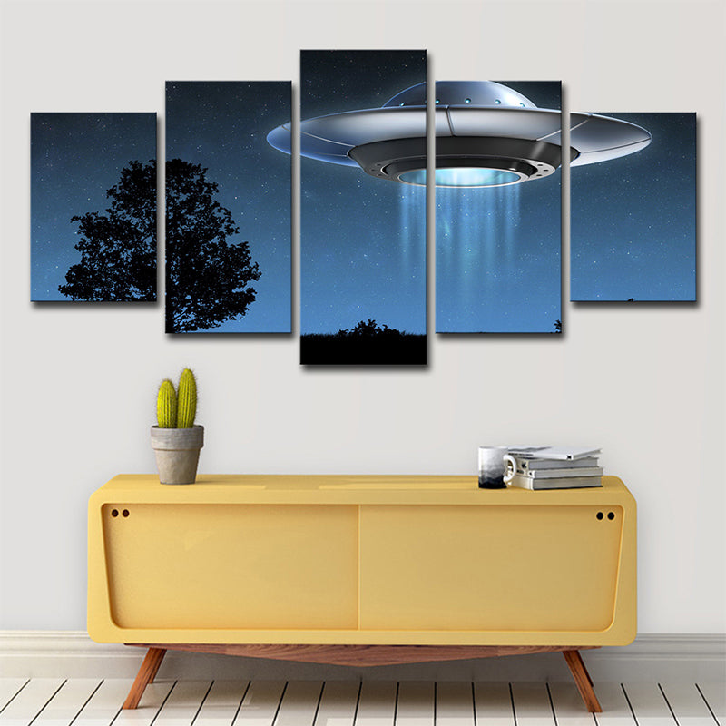 Science Fiction UFO Wall Art Boys Bedroom Canvas Print in Dark Blue, Multi-Piece Clearhalo 'Art Gallery' 'Canvas Art' 'Kids' Arts' 1707438