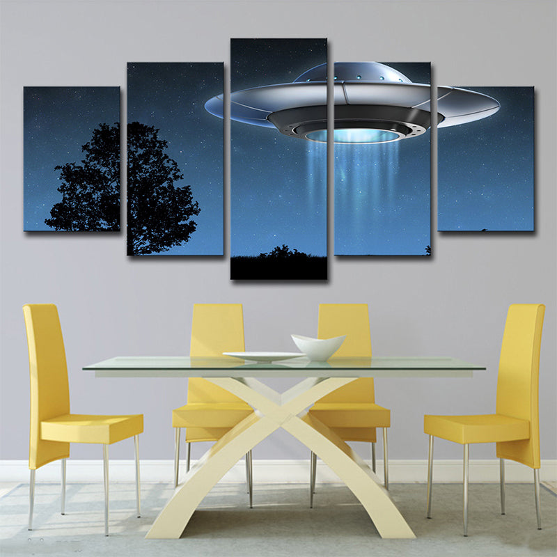 Science Fiction UFO Wall Art Boys Bedroom Canvas Print in Dark Blue, Multi-Piece Clearhalo 'Art Gallery' 'Canvas Art' 'Kids' Arts' 1707439