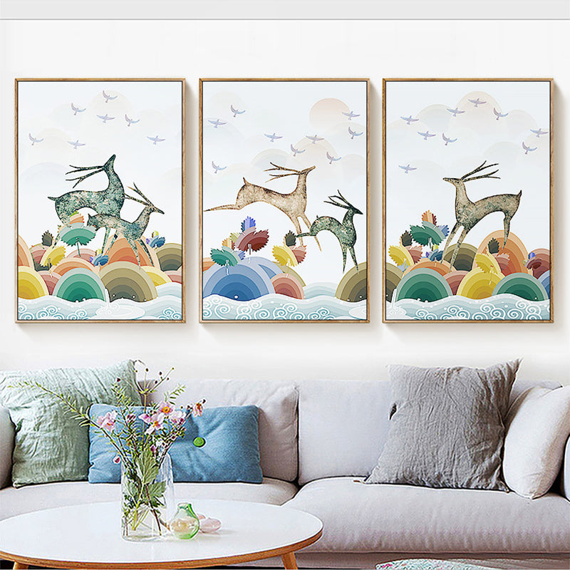 Children's Art Reindeer Painting Cartoon Animals White Wall Decor, Set of Three White Clearhalo 'Art Gallery' 'Canvas Art' 'Kids' Arts' 1707455
