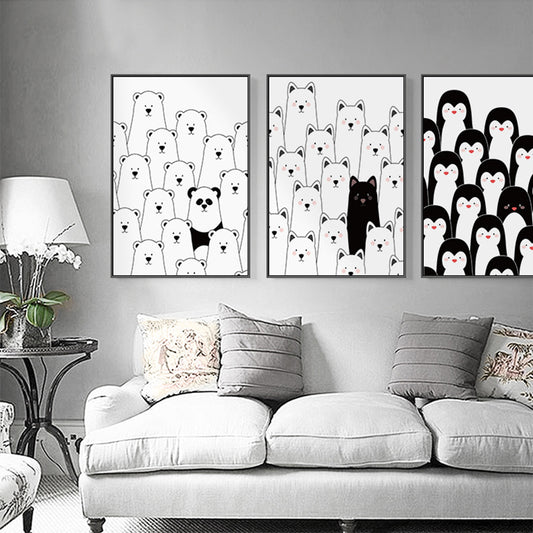 Kawaii Animal Canvas Wall Art for Child Bedroom, Black and White, Textured Surface Clearhalo 'Art Gallery' 'Canvas Art' 'Kids' Arts' 1707510