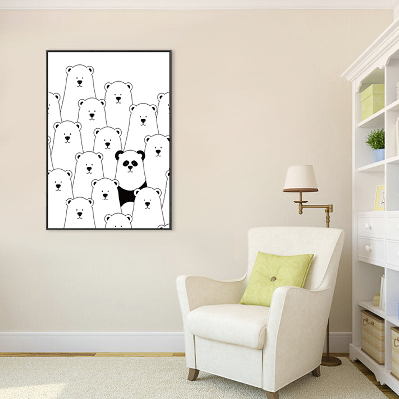Kawaii Animal Canvas Wall Art for Child Bedroom, Black and White, Textured Surface Clearhalo 'Art Gallery' 'Canvas Art' 'Kids' Arts' 1707513