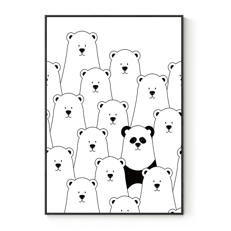 Kawaii Animal Canvas Wall Art for Child Bedroom, Black and White, Textured Surface Clearhalo 'Art Gallery' 'Canvas Art' 'Kids' Arts' 1707514