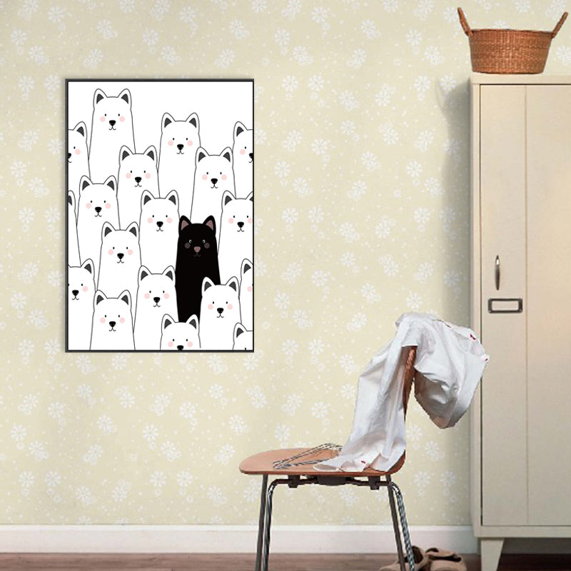 Kawaii Animal Canvas Wall Art for Child Bedroom, Black and White, Textured Surface Clearhalo 'Art Gallery' 'Canvas Art' 'Kids' Arts' 1707519