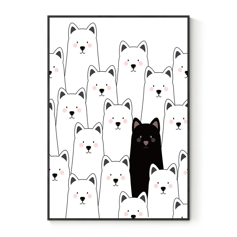 Kawaii Animal Canvas Wall Art for Child Bedroom, Black and White, Textured Surface Clearhalo 'Art Gallery' 'Canvas Art' 'Kids' Arts' 1707521
