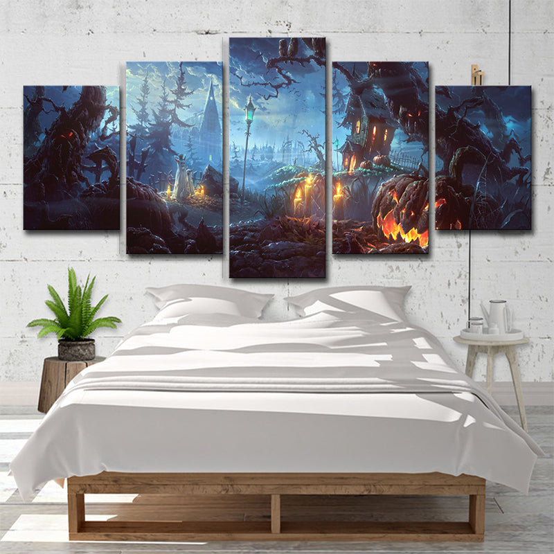 Halloween Forest Night Canvas Art Kids Dreary Scenery Wall Decor in Blue for Bedroom Blue Clearhalo 'Art Gallery' 'Canvas Art' 'Kids' Arts' 1707540