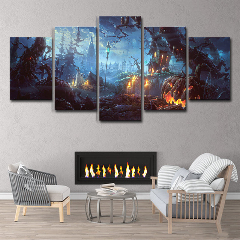 Halloween Forest Night Canvas Art Kids Dreary Scenery Wall Decor in Blue for Bedroom Clearhalo 'Art Gallery' 'Canvas Art' 'Kids' Arts' 1707541