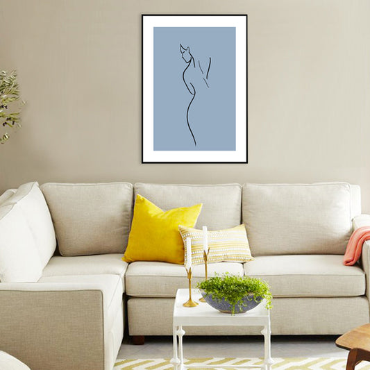 Simple Back of Woman Canvas Print Blue-Black Line Drawing Wall Art for Bedroom Blue Clearhalo 'Art Gallery' 'Canvas Art' 'Contemporary Art Gallery' 'Contemporary Art' 'Minimalism' 'Minimalist Art Gallery' 'Scandinavian' Arts' 1707660