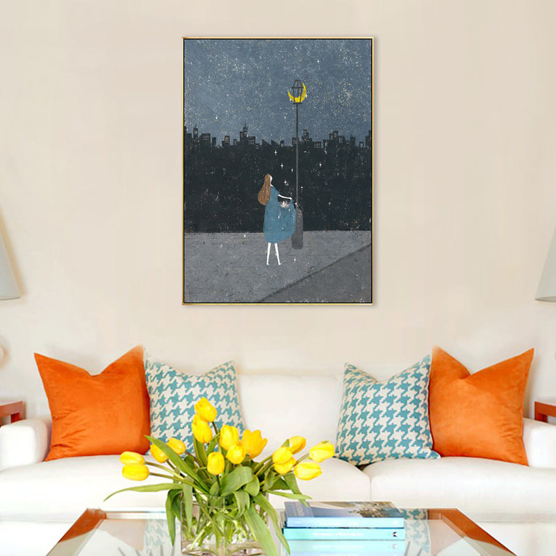 Girls Night Walk Alone Canvas Art Kids Style Textured Wall Decor in Dark Color for Bedroom Grey Clearhalo 'Art Gallery' 'Canvas Art' 'Kids' Arts' 1707758