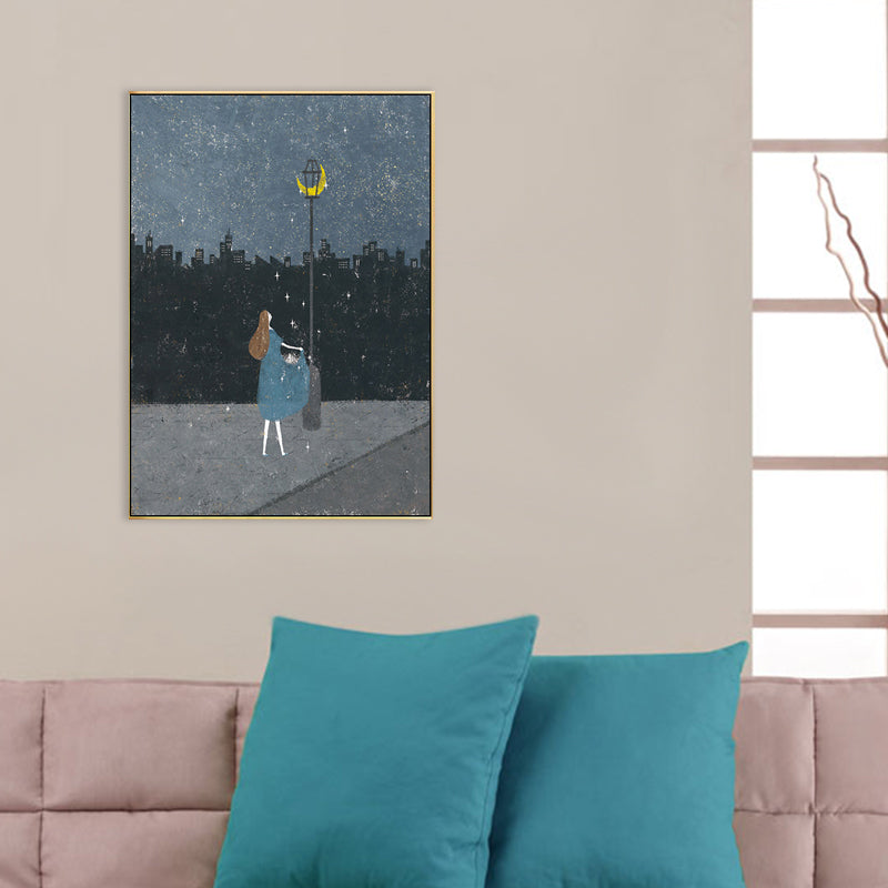 Girls Night Walk Alone Canvas Art Kids Style Textured Wall Decor in Dark Color for Bedroom Clearhalo 'Art Gallery' 'Canvas Art' 'Kids' Arts' 1707759