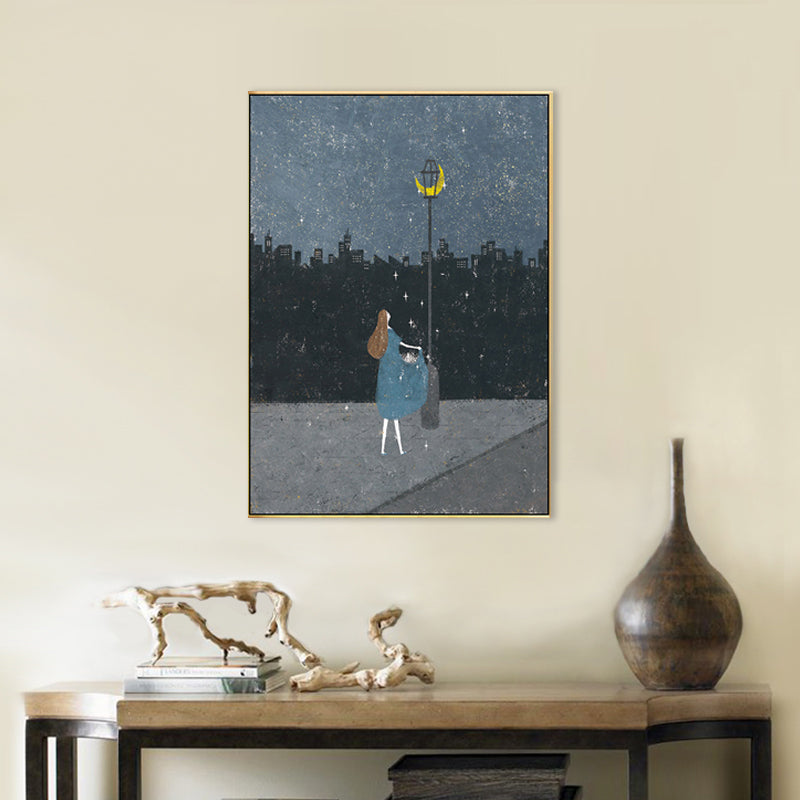 Girls Night Walk Alone Canvas Art Kids Style Textured Wall Decor in Dark Color for Bedroom Clearhalo 'Art Gallery' 'Canvas Art' 'Kids' Arts' 1707760