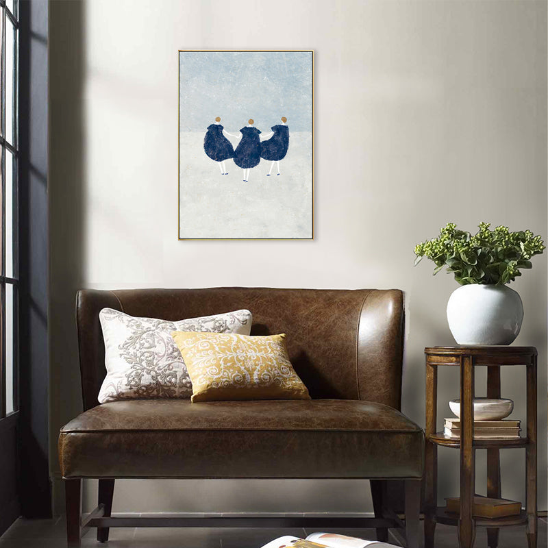 Dreamy Girls Playing Drawing Canvas House Interior Figure Print Wall Art in Soft Color Dark Blue Clearhalo 'Art Gallery' 'Canvas Art' 'Kids' Arts' 1707769