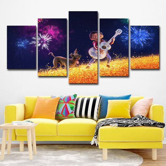 Kids Style Coco Character Canvas Black Boys Guitar Show with His Dog Wall Art Black Clearhalo 'Art Gallery' 'Canvas Art' 'Kids' Arts' 1707777