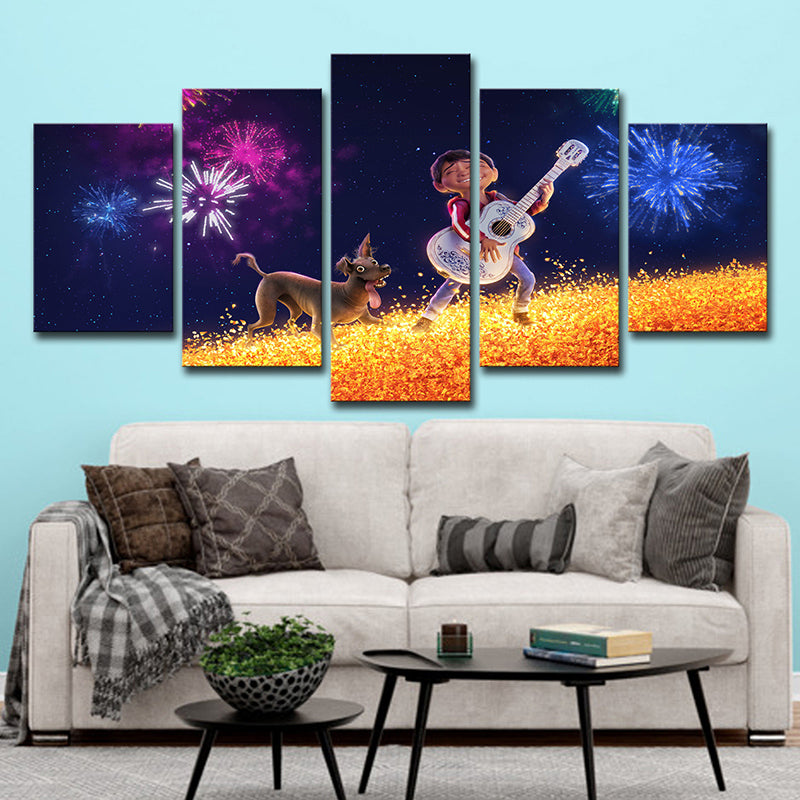 Kids Style Coco Character Canvas Black Boys Guitar Show with His Dog Wall Art Clearhalo 'Art Gallery' 'Canvas Art' 'Kids' Arts' 1707778
