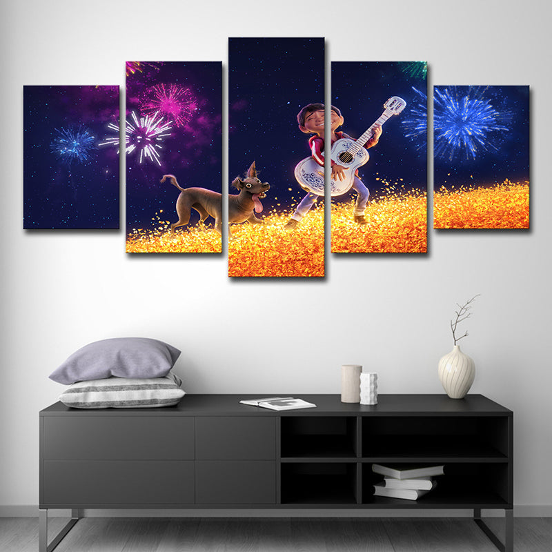 Kids Style Coco Character Canvas Black Boys Guitar Show with His Dog Wall Art Clearhalo 'Art Gallery' 'Canvas Art' 'Kids' Arts' 1707779