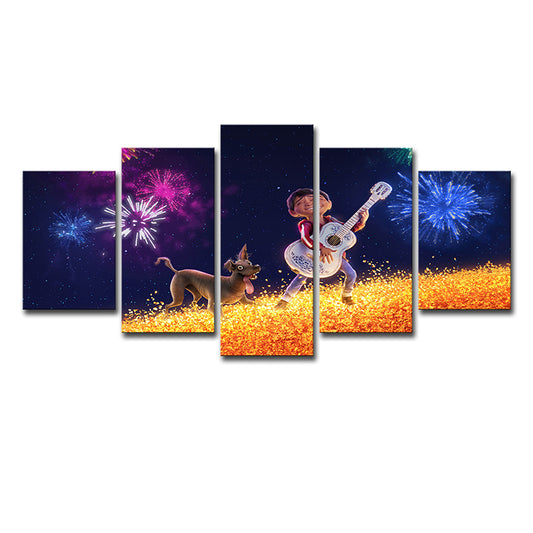Kids Style Coco Character Canvas Black Boys Guitar Show with His Dog Wall Art Clearhalo 'Art Gallery' 'Canvas Art' 'Kids' Arts' 1707780