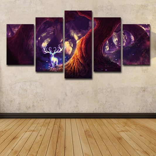 Fairy Tale Forest Deer Canvas Cartoon Multi-Piece Wall Art Decor in Purple for Home Purple Clearhalo 'Art Gallery' 'Canvas Art' 'Kids' Arts' 1707784
