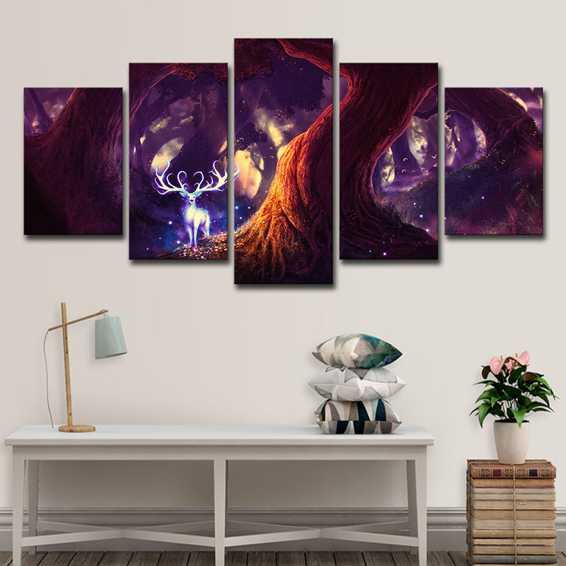 Fairy Tale Forest Deer Canvas Cartoon Multi-Piece Wall Art Decor in Purple for Home Clearhalo 'Art Gallery' 'Canvas Art' 'Kids' Arts' 1707785