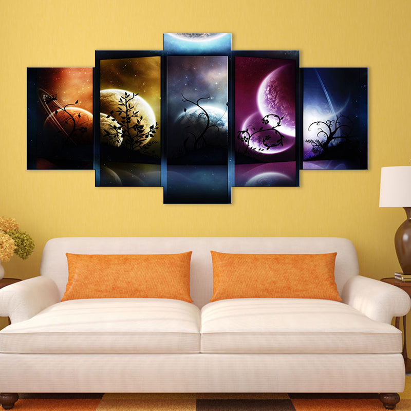 Starry Sky Planets Wall Art Multi-Piece Fictional Kids Bedroom Canvas Print in Black Clearhalo 'Art Gallery' 'Canvas Art' 'Kids' Arts' 1707936