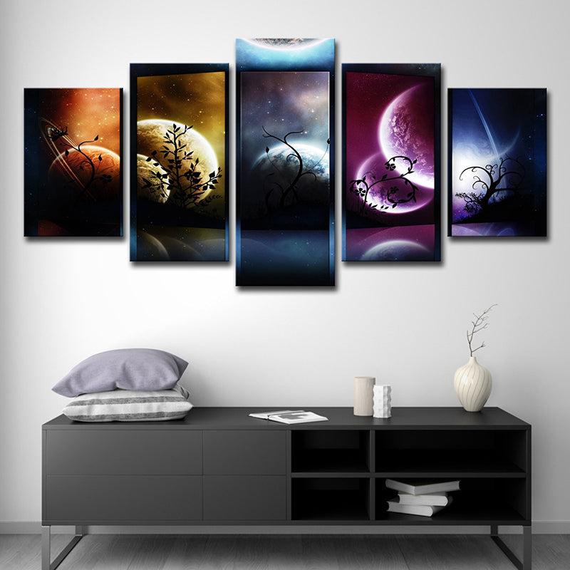 Starry Sky Planets Wall Art Multi-Piece Fictional Kids Bedroom Canvas Print in Black Clearhalo 'Art Gallery' 'Canvas Art' 'Kids' Arts' 1707937
