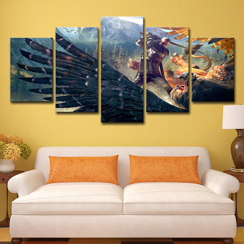 Dark Blue Kids Wall Art Digital Print Witcher Fight Against Eagle Game Scene Canvas for Room Dark Blue Clearhalo 'Art Gallery' 'Canvas Art' 'Kids' Arts' 1707971