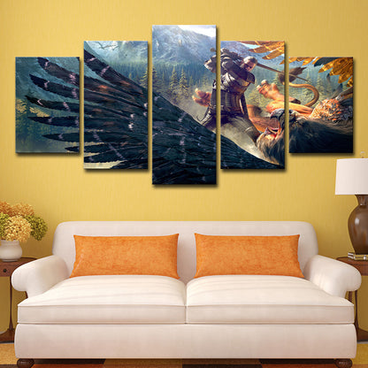 Dark Blue Kids Wall Art Digital Print Witcher Fight Against Eagle Game Scene Canvas for Room Dark Blue Clearhalo 'Art Gallery' 'Canvas Art' 'Kids' Arts' 1707971