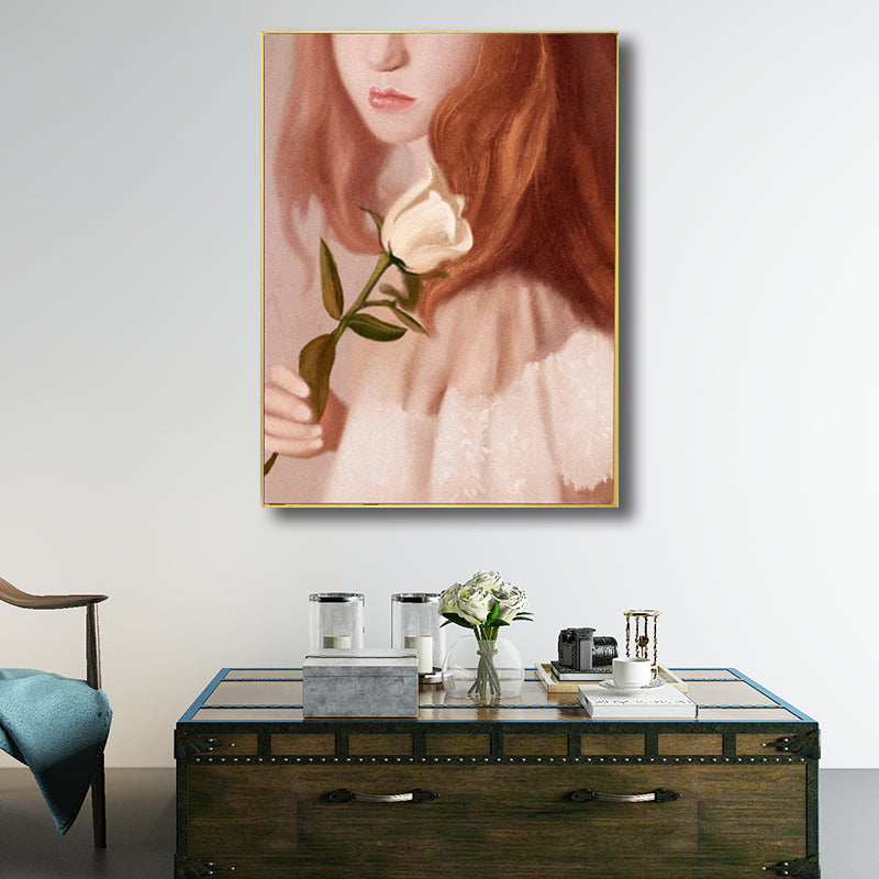 Girl with Rose Wall Art Countryside Canvas Painting in Brown for Living Room, Multiple Sizes Clearhalo 'Art Gallery' 'Canvas Art' 'Traditional' Arts' 1708089
