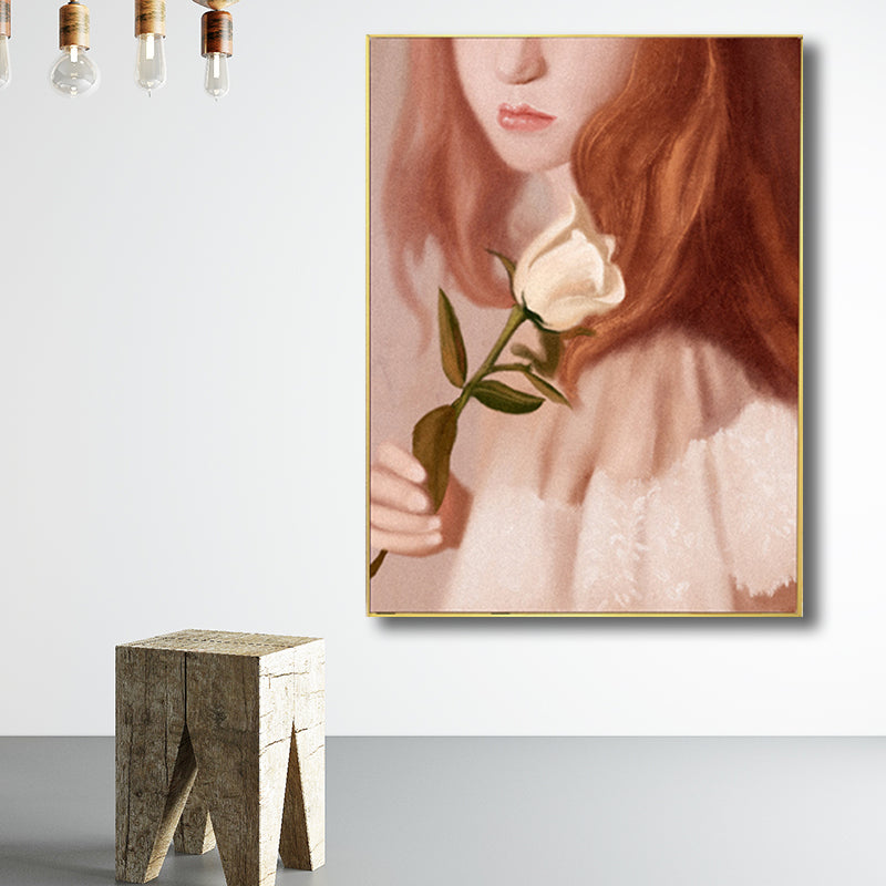 Girl with Rose Wall Art Countryside Canvas Painting in Brown for Living Room, Multiple Sizes Clearhalo 'Art Gallery' 'Canvas Art' 'Traditional' Arts' 1708090