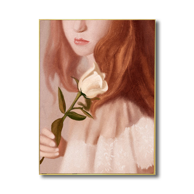 Girl with Rose Wall Art Countryside Canvas Painting in Brown for Living Room, Multiple Sizes Clearhalo 'Art Gallery' 'Canvas Art' 'Traditional' Arts' 1708091