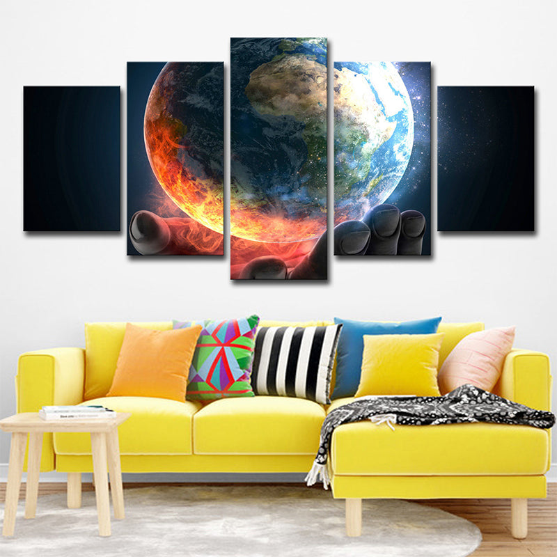 Earth in Hand Wall Art Multi-Piece Science Fiction Sitting Room Canvas Print in Orange Orange Clearhalo 'Art Gallery' 'Canvas Art' 'Kids' Arts' 1708095