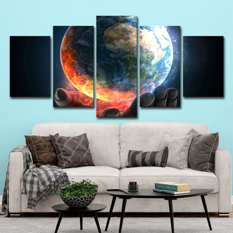 Earth in Hand Wall Art Multi-Piece Science Fiction Sitting Room Canvas Print in Orange Clearhalo 'Art Gallery' 'Canvas Art' 'Kids' Arts' 1708096