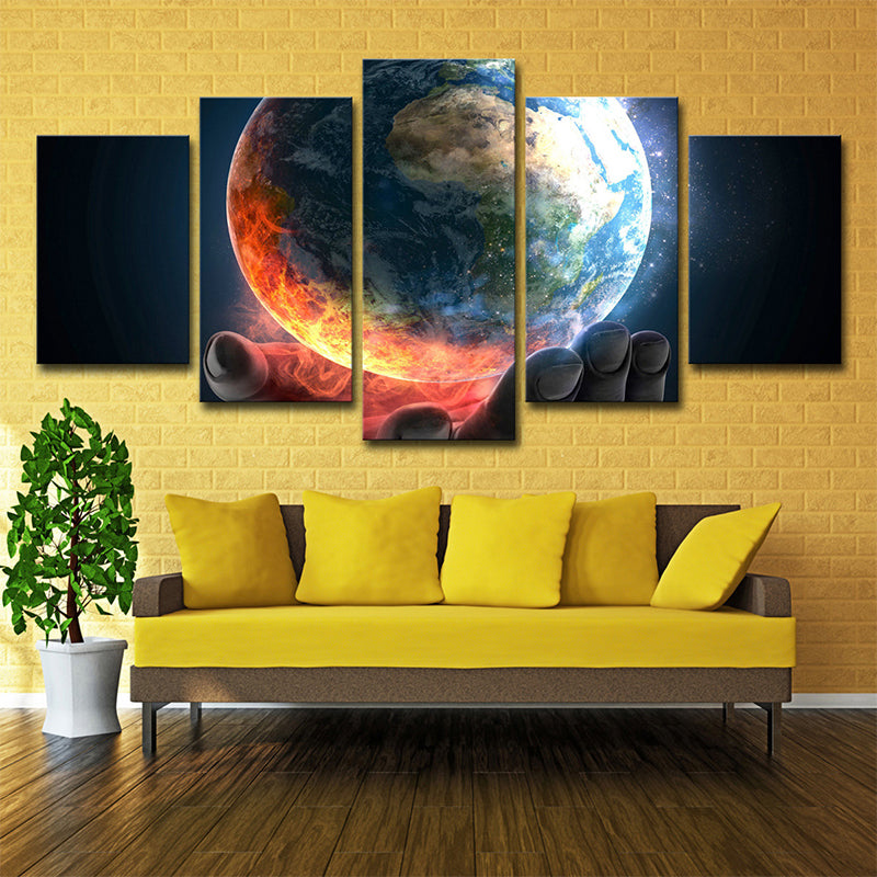 Earth in Hand Wall Art Multi-Piece Science Fiction Sitting Room Canvas Print in Orange Clearhalo 'Art Gallery' 'Canvas Art' 'Kids' Arts' 1708097