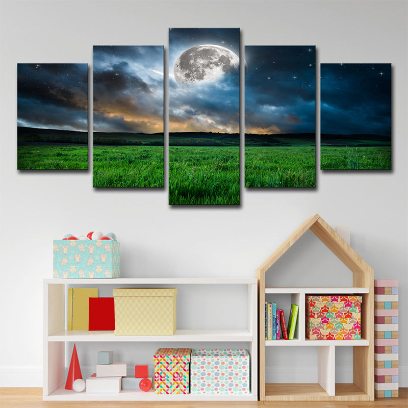 Green Meadow Landscape Wall Art Starry Moon Night Fictional Multi-Piece Canvas Print Clearhalo 'Art Gallery' 'Canvas Art' 'Kids' Arts' 1708121