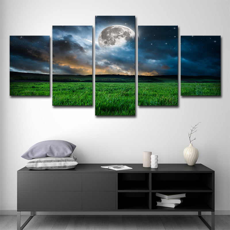 Green Meadow Landscape Wall Art Starry Moon Night Fictional Multi-Piece Canvas Print Clearhalo 'Art Gallery' 'Canvas Art' 'Kids' Arts' 1708122