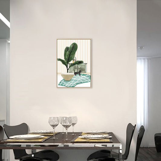 Textured Cat and Potting Painting Canvas Children's Art Wall Print for Guest Room Green