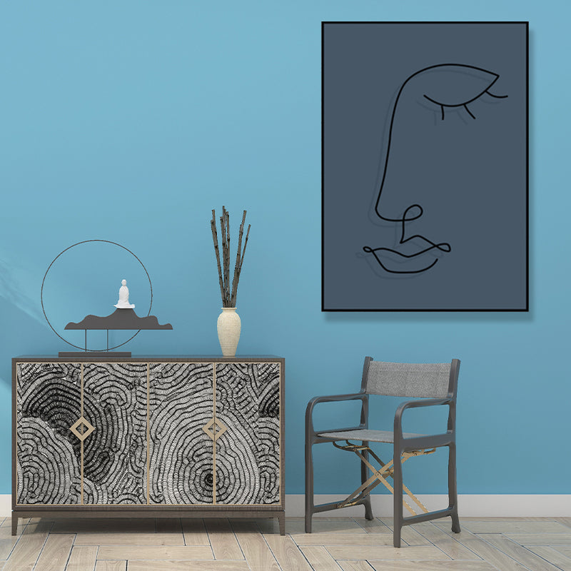 Pencil Line Face Sketch Art Print Blue Girls Bedroom Wall Decor, Texture Surface Clearhalo 'Art Gallery' 'Canvas Art' 'Contemporary Art Gallery' 'Contemporary Art' 'Minimalism' 'Minimalist Art Gallery' 'Scandinavian' Arts' 1708184