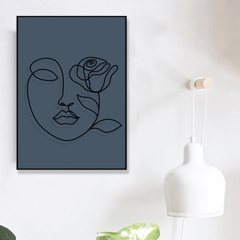 Pencil Line Face Sketch Art Print Blue Girls Bedroom Wall Decor, Texture Surface Clearhalo 'Art Gallery' 'Canvas Art' 'Contemporary Art Gallery' 'Contemporary Art' 'Minimalism' 'Minimalist Art Gallery' 'Scandinavian' Arts' 1708203