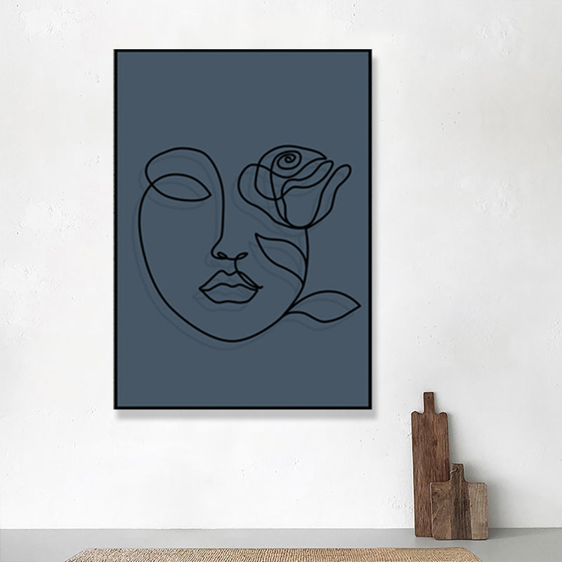 Pencil Line Face Sketch Art Print Blue Girls Bedroom Wall Decor, Texture Surface Clearhalo 'Art Gallery' 'Canvas Art' 'Contemporary Art Gallery' 'Contemporary Art' 'Minimalism' 'Minimalist Art Gallery' 'Scandinavian' Arts' 1708204