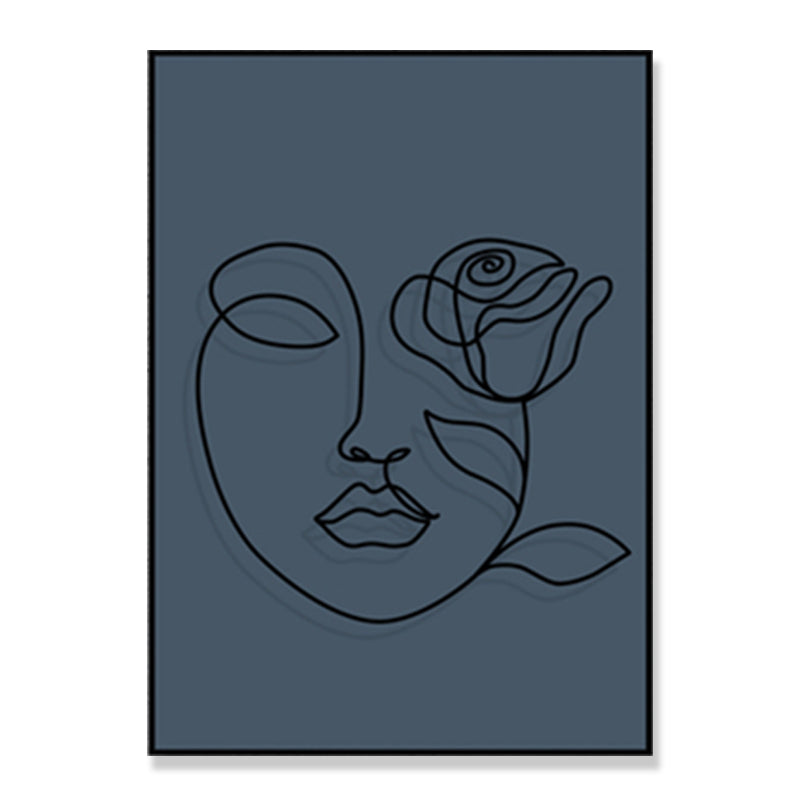 Pencil Line Face Sketch Art Print Blue Girls Bedroom Wall Decor, Texture Surface Clearhalo 'Art Gallery' 'Canvas Art' 'Contemporary Art Gallery' 'Contemporary Art' 'Minimalism' 'Minimalist Art Gallery' 'Scandinavian' Arts' 1708205