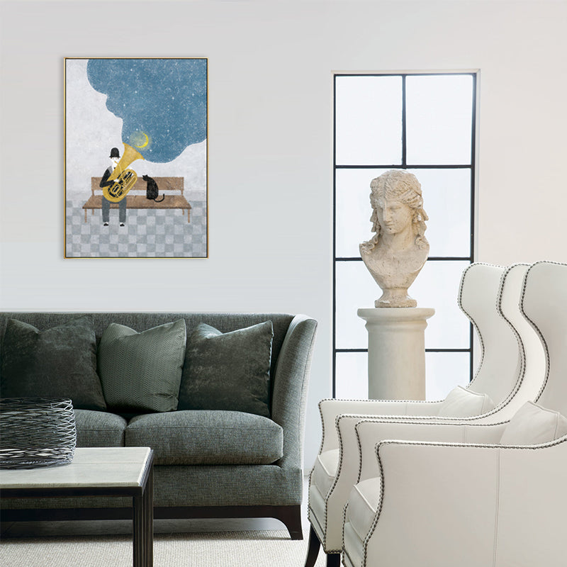 Childrens Art Musical Canvas Print Blue Gentleman Playing Trumpet with His Cat at Night Wall Decor Clearhalo 'Art Gallery' 'Canvas Art' 'Kids' Arts' 1708304