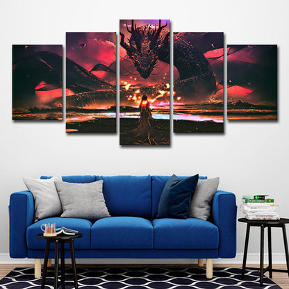 Kids Style Wall Art Red Digital Print Girl and the Devil Dragon Canvas for Boys Room Red Clearhalo 'Art Gallery' 'Canvas Art' 'Kids' Arts' 1708320