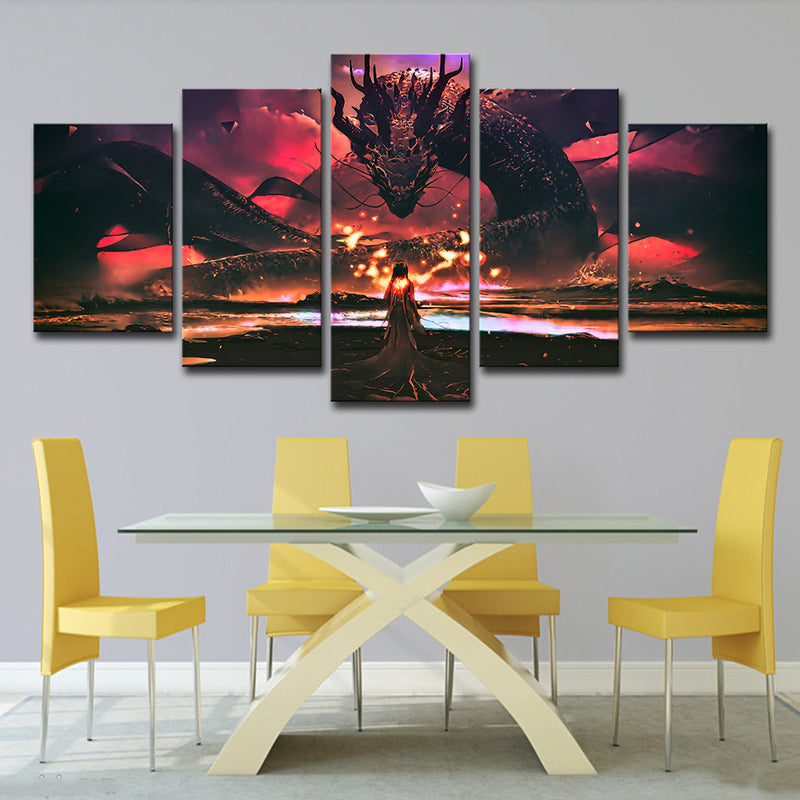 Kids Style Wall Art Red Digital Print Girl and the Devil Dragon Canvas for Boys Room Clearhalo 'Art Gallery' 'Canvas Art' 'Kids' Arts' 1708321