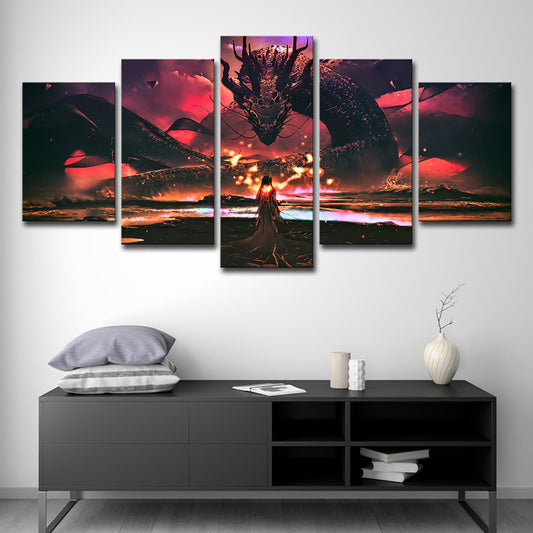 Kids Style Wall Art Red Digital Print Girl and the Devil Dragon Canvas for Boys Room Clearhalo 'Art Gallery' 'Canvas Art' 'Kids' Arts' 1708322