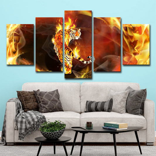 Yellow Tiger on Fire Canvas Animal Modern Multi-Piece Wall Art Decor for Living Room Yellow Clearhalo 'Art Gallery' 'Canvas Art' 'Contemporary Art Gallery' 'Modern' Arts' 1708327